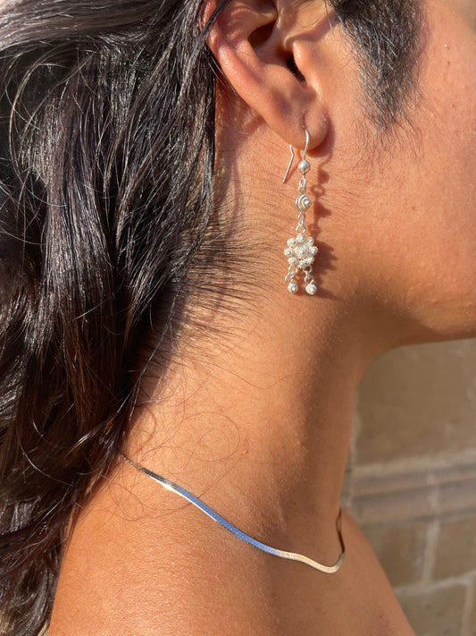 Silver flower hanging earrings